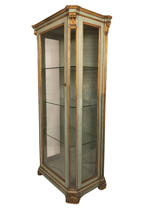 Vitrine en bois laqué bleu/vert, rechampi or, Italie XVIIIe-début XIXe