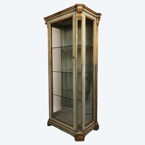 Vitrine en bois laqué bleu/vert, rechampi or, Italie XVIIIe-début XIXe