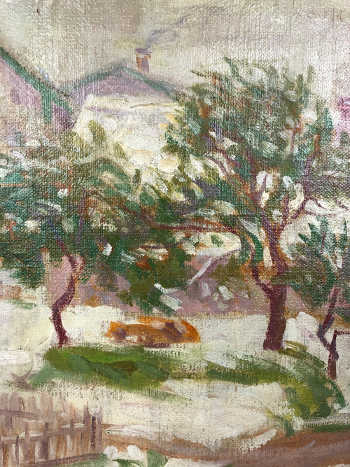 Großes Öl auf Leinwand in einem hübschen Rahmen „Schneelandschaft“, signiert Leguilloux
