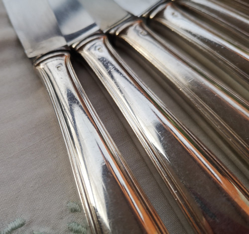 12 Dessert-/Käse-/Dessertmesser, silberne Metallgriffe, Orfèvrerie Saint Médard