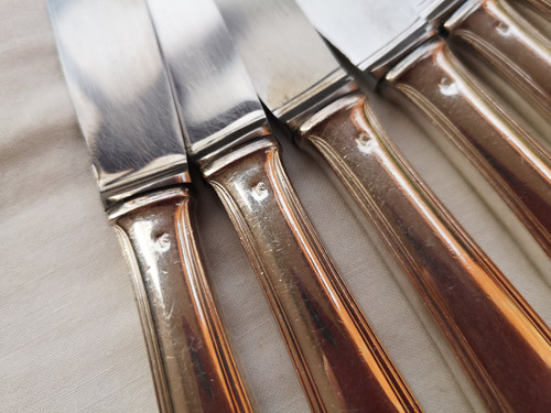 12 Dessert-/Käse-/Dessertmesser, silberne Metallgriffe, Orfèvrerie Saint Médard