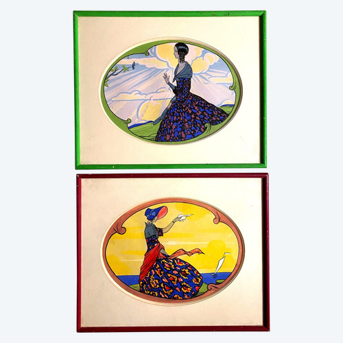 Beautiful pair of framed gouaches representing Pretty Women in beautiful dresses in a landscape