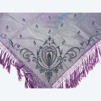 19th century embroidered and beaded square shawl in taffeta