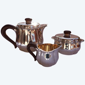 Art deco tea service in solid silver, punch neck brace Goldsmith Fouquet-Lapar