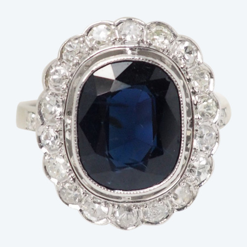 Art-Deco-Ring aus Platin mit Saphir und Diamant