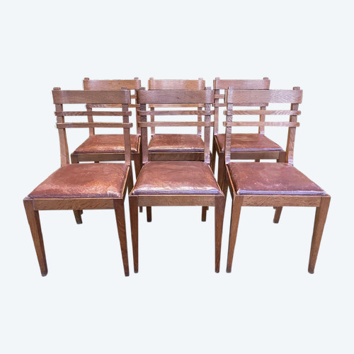 Suite Of 6 Oak And Leather Chairs 1950 "Art Deco