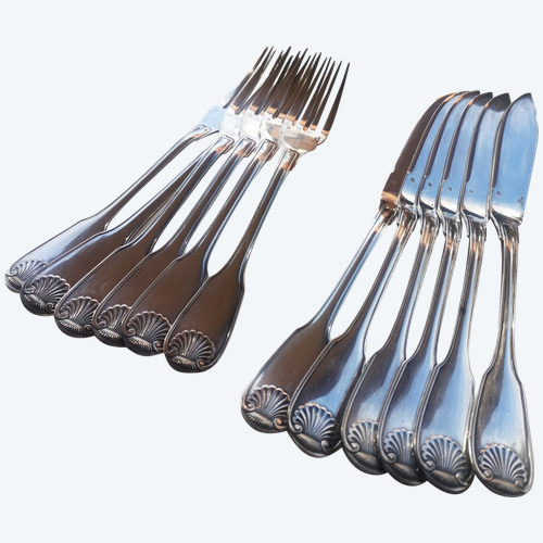 6 pieces of fish cutlery (12 pieces) Arcantia model (shell) Christofle silver plated metal