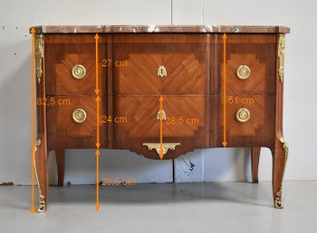 Comò Sauteuse in palissandro e legno viola, transizione Luigi XV / Luigi XVI - seconda parte del XIX secolo