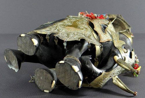 India, First Third Of The 20th Century, Harnessed Elephant Statue In Ebony, Brass, Bones And Stones.