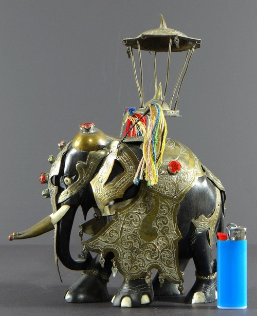 India, First Third Of The 20th Century, Harnessed Elephant Statue In Ebony, Brass, Bones And Stones.