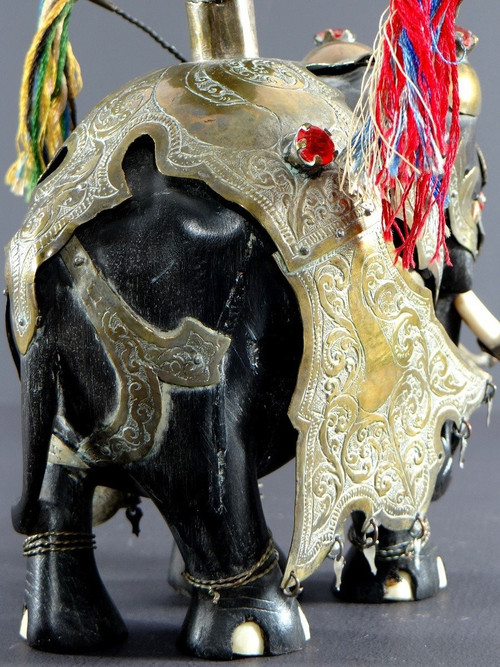 India, First Third Of The 20th Century, Harnessed Elephant Statue In Ebony, Brass, Bones And Stones.