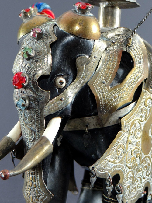 India, First Third Of The 20th Century, Harnessed Elephant Statue In Ebony, Brass, Bones And Stones.