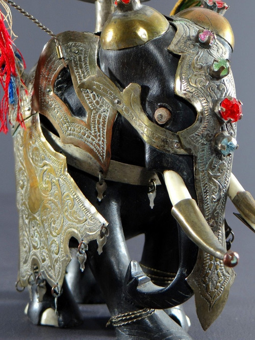 India, First Third Of The 20th Century, Harnessed Elephant Statue In Ebony, Brass, Bones And Stones.