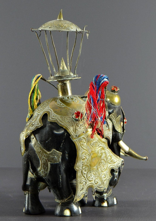 India, First Third Of The 20th Century, Harnessed Elephant Statue In Ebony, Brass, Bones And Stones.