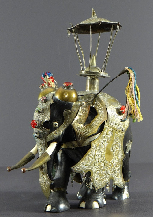 India, First Third Of The 20th Century, Harnessed Elephant Statue In Ebony, Brass, Bones And Stones.