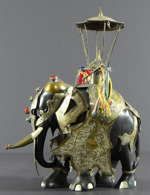 India, First Third Of The 20th Century, Harnessed Elephant Statue In Ebony, Brass, Bones And Stones.