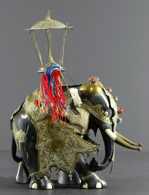India, First Third Of The 20th Century, Harnessed Elephant Statue In Ebony, Brass, Bones And Stones.