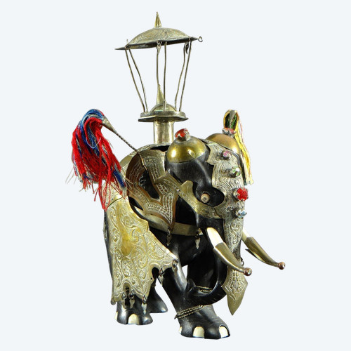India, First Third Of The 20th Century, Harnessed Elephant Statue In Ebony, Brass, Bones And Stones.