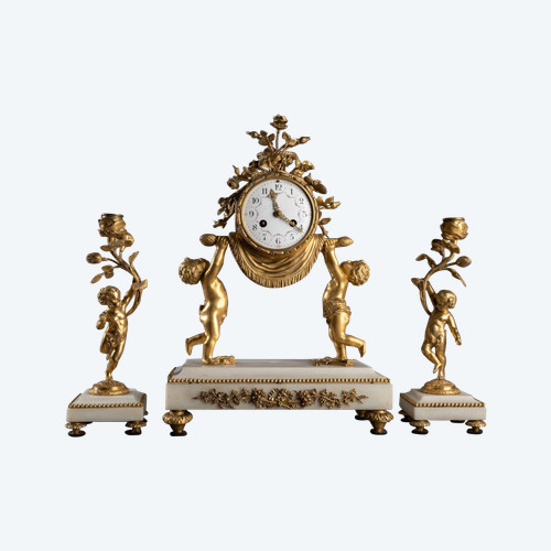 Louis XVI Style Clock and Candlesticks, 19th Century