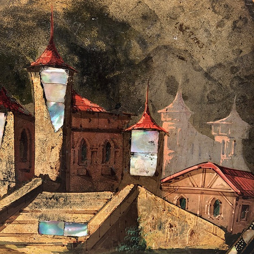 Petit guéridon basculant Napoléon III, bois laqué noir à décor de paysage et burgots