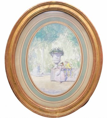 Watercolor gallant scene in a garden signed Drisa