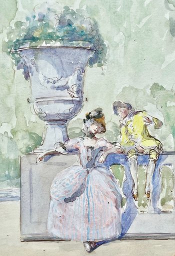 Watercolor gallant scene in a garden signed Drisa