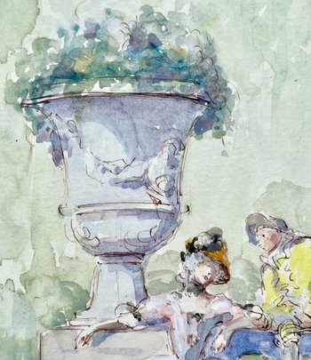 Watercolor gallant scene in a garden signed Drisa