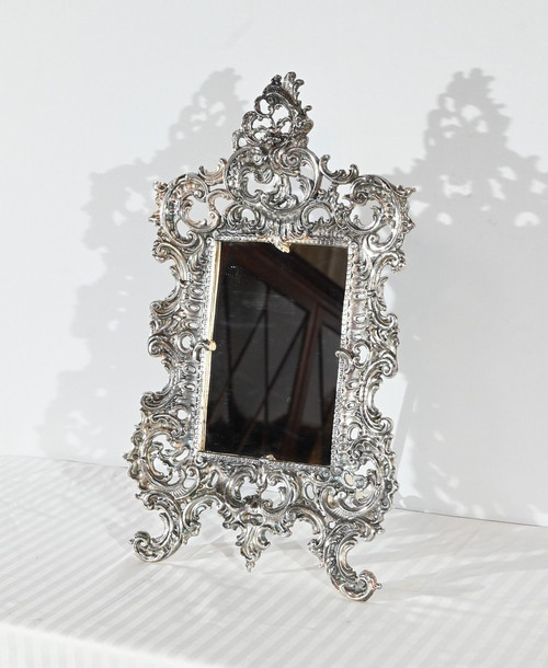 Piccolo specchio da tavolo in bronzo argentato, stile Rocaille - Fine XIX secolo