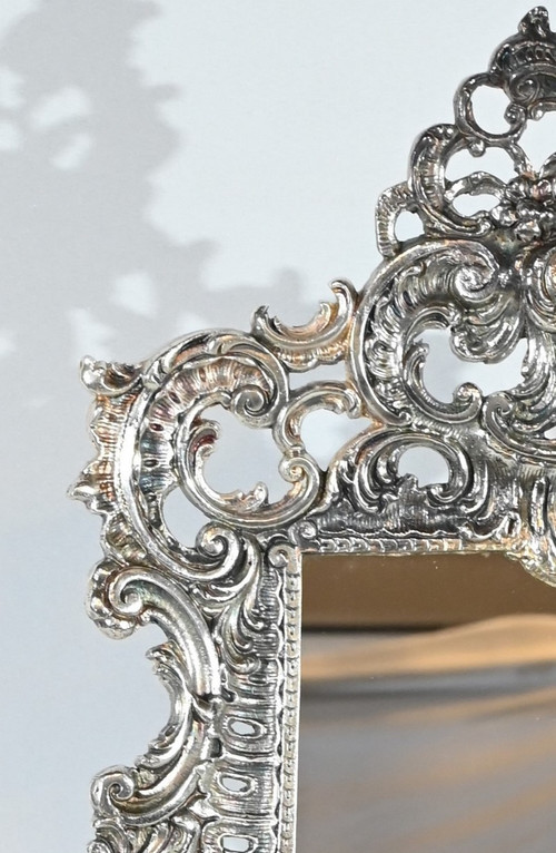 Piccolo specchio da tavolo in bronzo argentato, stile Rocaille - Fine XIX secolo