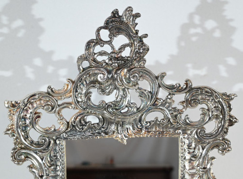 Piccolo specchio da tavolo in bronzo argentato, stile Rocaille - Fine XIX secolo