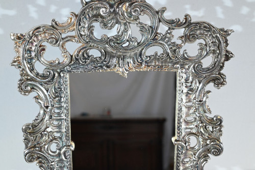 Piccolo specchio da tavolo in bronzo argentato, stile Rocaille - Fine XIX secolo
