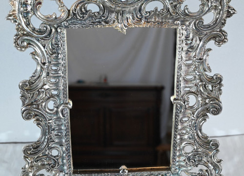 Piccolo specchio da tavolo in bronzo argentato, stile Rocaille - Fine XIX secolo