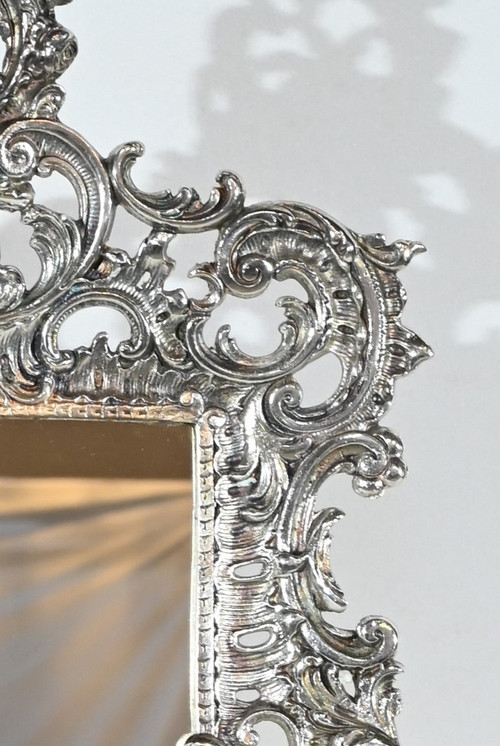 Piccolo specchio da tavolo in bronzo argentato, stile Rocaille - Fine XIX secolo