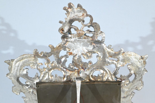 Piccolo specchio da tavolo in bronzo argentato, stile Rocaille - Fine XIX secolo