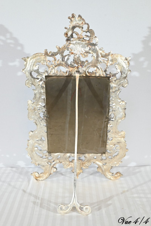 Piccolo specchio da tavolo in bronzo argentato, stile Rocaille - Fine XIX secolo
