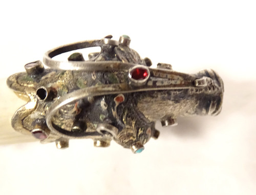 Coltello da carta in argento straniero Testa di felino Chimere in smalto turchese XIX secolo