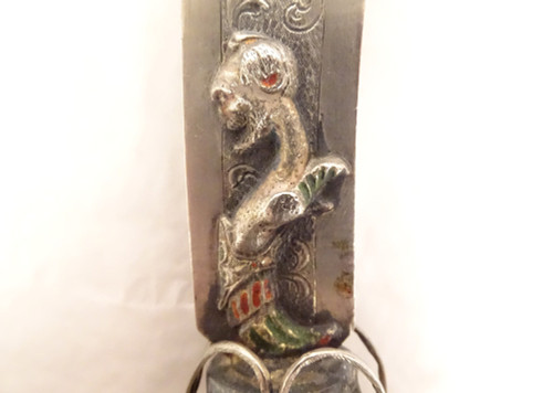 Coltello da carta in argento straniero Testa di felino Chimere in smalto turchese XIX secolo