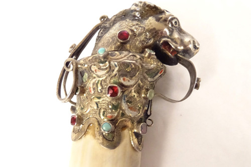 Coltello da carta in argento straniero Testa di felino Chimere in smalto turchese XIX secolo