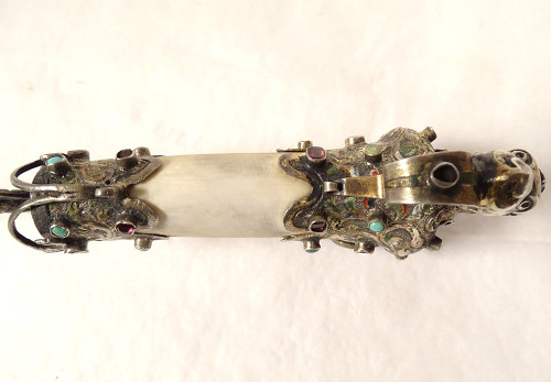 Coltello da carta in argento straniero Testa di felino Chimere in smalto turchese XIX secolo