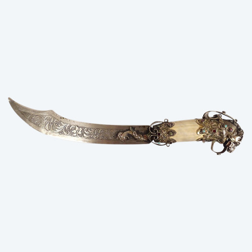 Coltello da carta in argento straniero Testa di felino Chimere in smalto turchese XIX secolo