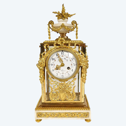 Orologio a gabbia Luigi XVI in marmo bianco e bronzo dorato Coppa Napoleone III XIX secolo