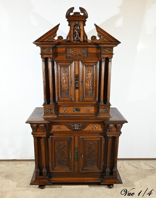 Small two-part sideboard in solid walnut, Renaissance style - Mid-19th century