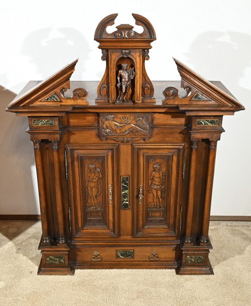 Small two-part sideboard in solid walnut, Renaissance style - Mid-19th century