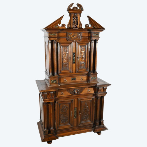 Small two-part sideboard in solid walnut, Renaissance style - Mid-19th century