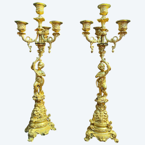 Paire De Candélabres En Bronze Doré Aux Puttis, 19th Century