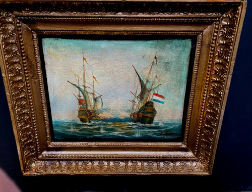 Combat naval du Vaisseau de Guerre le "Futura" oil on canvas marouflaged in its frame 19th century