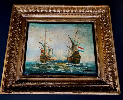 Combat naval du Vaisseau de Guerre le "Futura" oil on canvas marouflaged in its frame 19th century