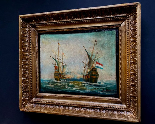 Combat naval du Vaisseau de Guerre le "Futura" oil on canvas marouflaged in its frame 19th century