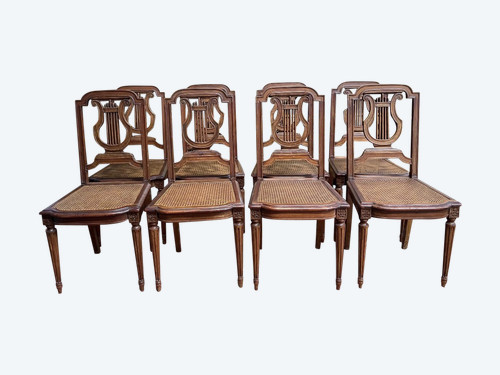 Suite De 8 Chaises De Style Louis XVI « lyre » en cannage