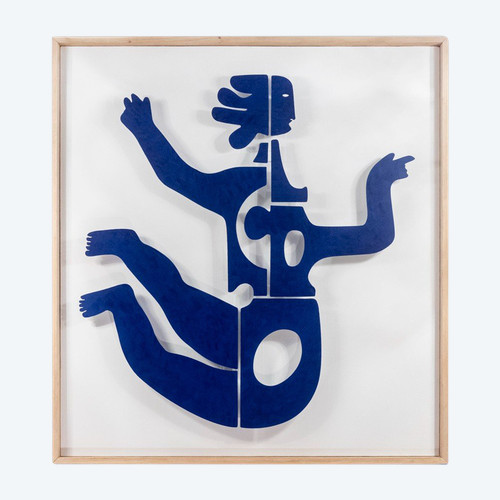 Eva" decorative panel in blue lacquered metal. Contemporary work.